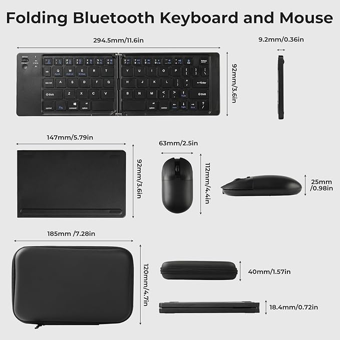 Foldable Keyboard and Mouse, 2.4G Wireless+Dual Bluetooth5.0 Folding Keyboard & Mouse Combos for Business and Travel, USB-C Rechargeable Portable Keyboard Mouse for iPads, Phones, Tablets-Black