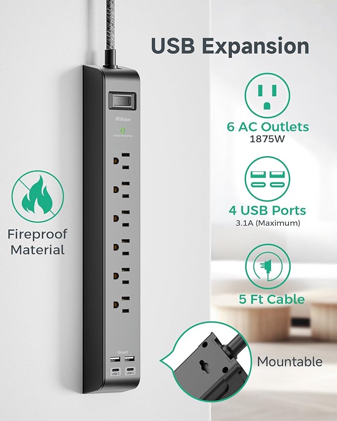 2 Pack Surge Protector Power Strip with 6 Outlets 4 USB Ports 5-Foot Long Heavy-Duty Braided Extension Cords Flat Plug 900 Joules 15A Circuit Breaker Wall Mount for Home Office ETL Listed
