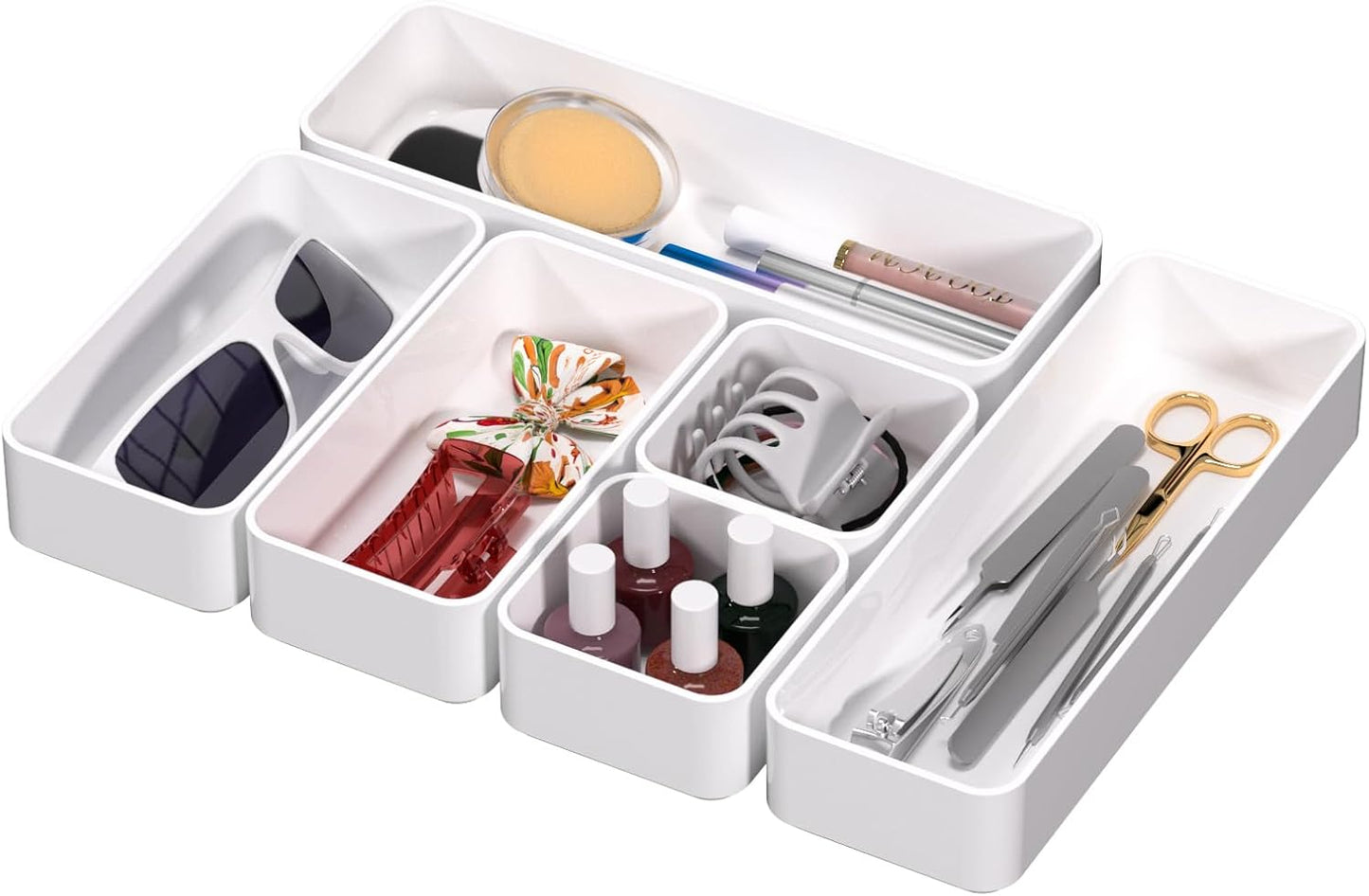 CHANCETSUI 6 PCS Stackable Drawer Organizers Set, Versatile Desk and Vanity Drawer Organizer Trays, Storage Bins for Makeup, Bathroom, Bedroom, Kitchen and Office, White