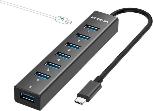 FORIDA USB C Hub-8 Port USB HUB with 7 USB3.0 Data Ports,Aluminum Alloy USBC Splitter with Type C 5V/3A Power Port Compatible with MacBook, iPad, Surface Pro, XPS, Laptop,PC (Black,USB C-9.8in)