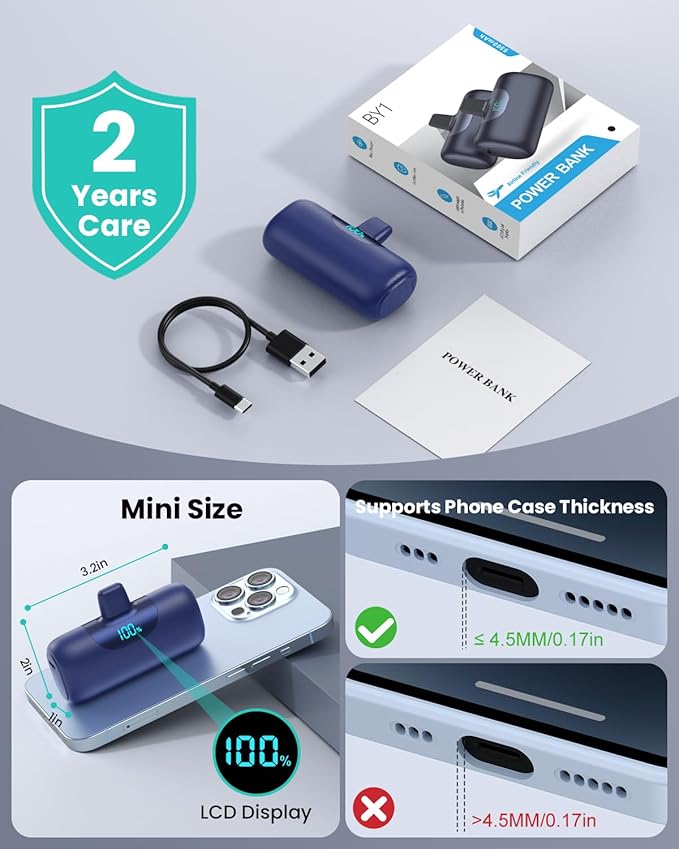Mini Portable Charger for iPhone,Upgraded 22.5W PD Fast Charging 5500mAh Ultra-Compact Power Bank,LCD Display Plug-in Cute Battery Pack Travel Essentials for iPhone 14/14Pro/13/12/11/X/8/7/6 (Navy)