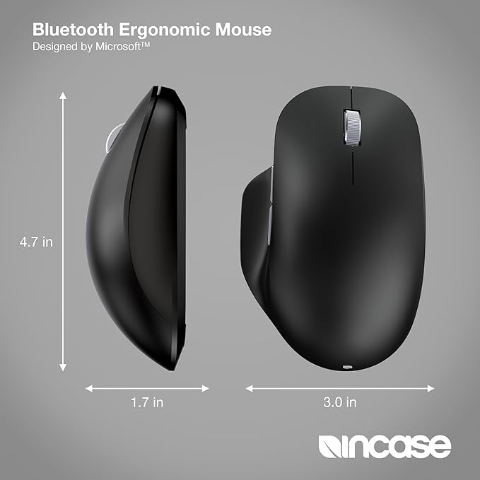 Incase Bluetooth Ergonomic Mouse – Designed by Microsoft – Two Thumb Buttons, Easy to Grip Thumb Rest, Precision Tracking, Connects 3 Devices, 15 Month Battery Life, Mac/Windows PCs/Laptops (Black)