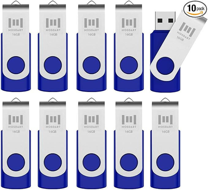MOSDART USB2.0 16GB Flash Drive, Swivel Design with LED Indicator, Keychain Loop, FAT32 Memory Stick for Data Storage, Blue(Pack of 10)
