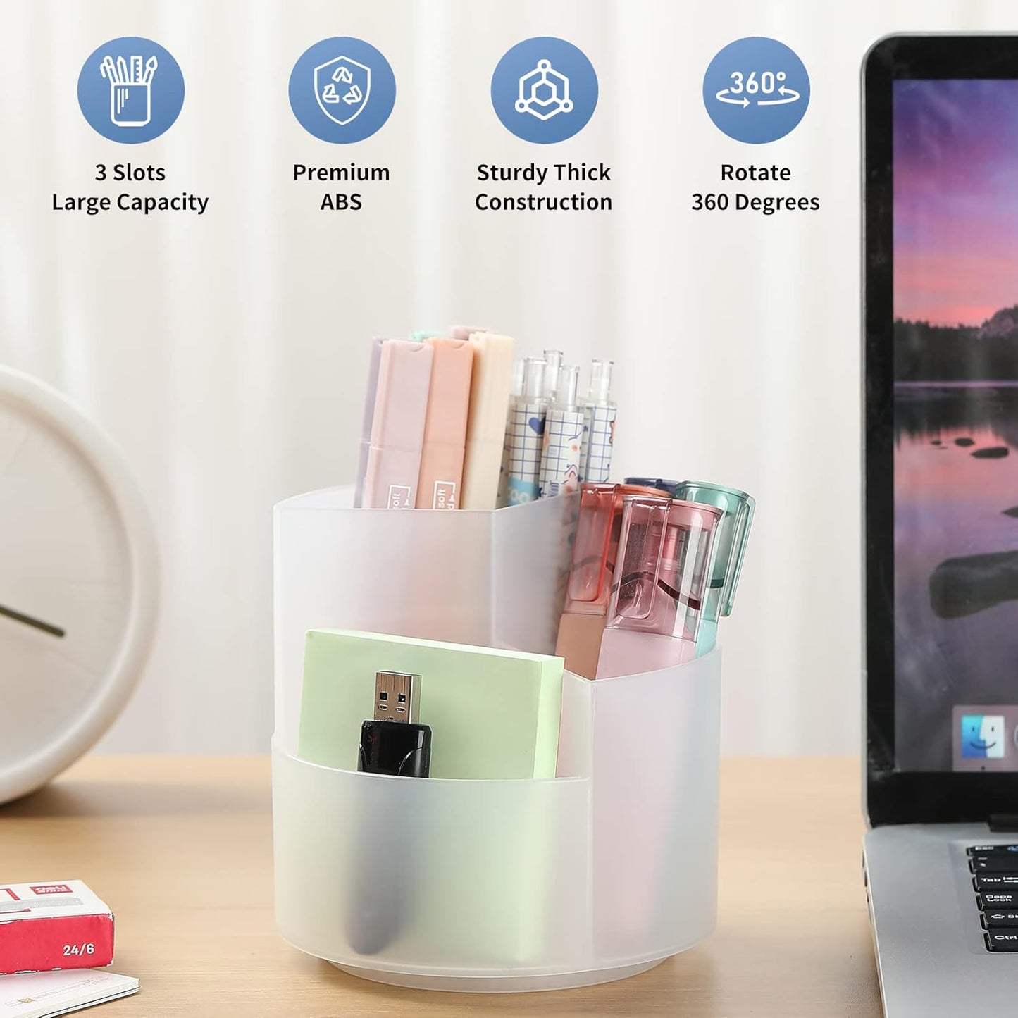 Desk Pencil Pen Holder, 3 Slots 360-Degree Spinning Organizers, Desktop Storage Stationery Supplies, Cute Cup Pot for Office, School, Art Supply, Kids - Clear