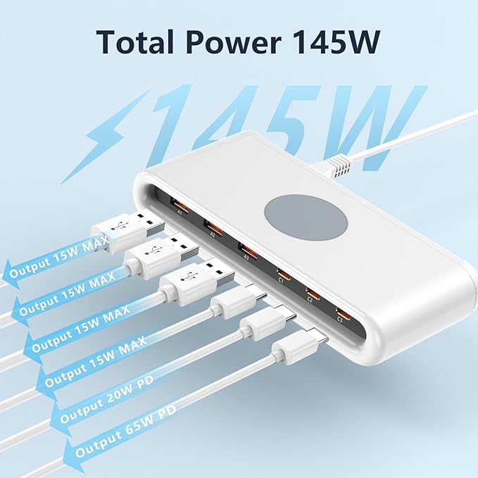 145W USB C Charging Station for Multiple Devices,6 Port USB C Hub Charger,Multi Charger Block Station Hub Cube for Laptop MacBook,HP,iPad,iPhone,Samsung, No Wireless Charging (White, 145W)