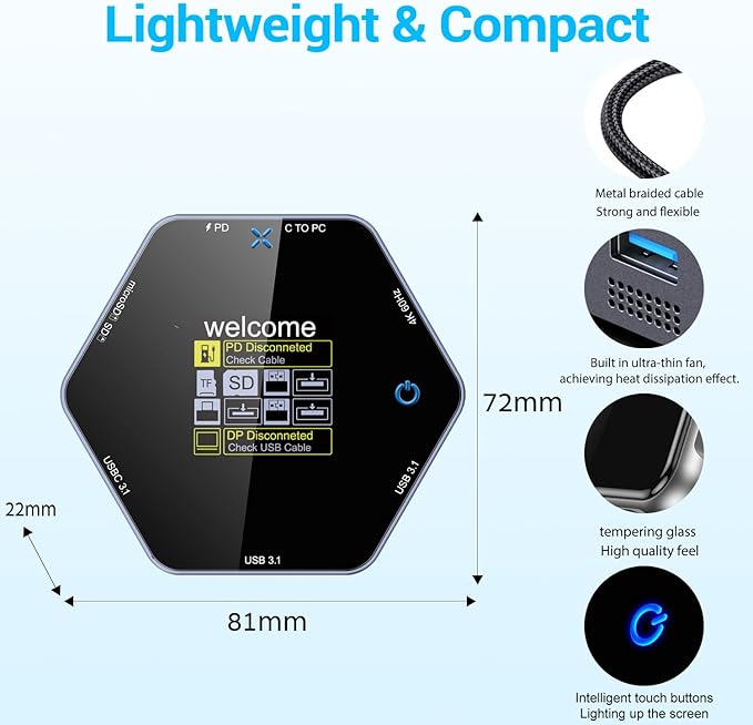 8-in-1 USB C Hub Docking Station, Type-C Adapter with 4K@60Hz HDMI, 2 USB 3.0, TF/SD Reader, 100W Power Delivery Compatible with MacBook,iPhone15 16 Surface, iPad, Steam Deck or Other Type C Devices