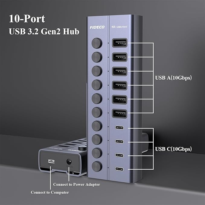FIDECO 60W Powered USB Hub for Laptop and PC, 10-Port 10Gbps USB Splitter with 12V 5A Power Adapter, Aluminum USB 3.2 Gen 2 Multiport Adapter, 6 USB-A and 4 USB-C Ports, Support BC1.2 Charging