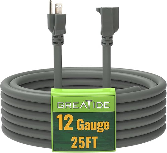 25 Ft Outdoor Extension Cord - 12/3 SJTW Heavy Duty Grey Extension Cable with 3 Prong Grounded Plug - Power Cord for Lawn, Garden, Appliances