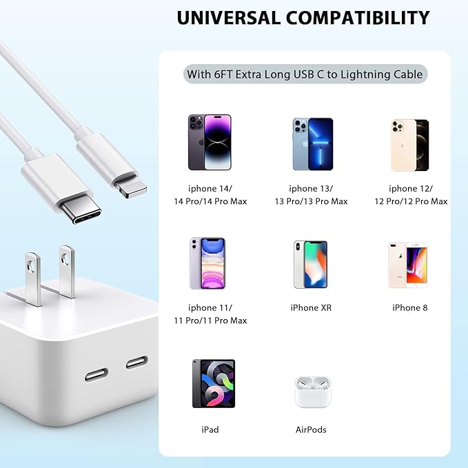 iPhone Charger Fast Charging, 40W Dual USB C Wall Charger Apple MFi Certified Dual USB-C Port Power Adapter with 2Pack 6FT USB-C to Lightning Cable for iPhone 14 Plus/13/12/11/XS/XR/X/iPad Wall Block