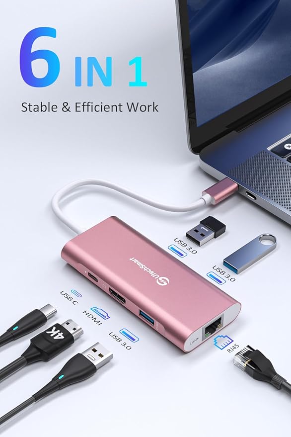 UtechSmart USB C Hub, Ethernet Multiport Adapter 6 in 1 USB C to HDMI Dock Compatible for MacBook Pro/Air, Chromebook, Dell XPS, HP and Type C Devices (Gigabit Ethernet 100W PD 4K HDMI USB 3.0) Pink