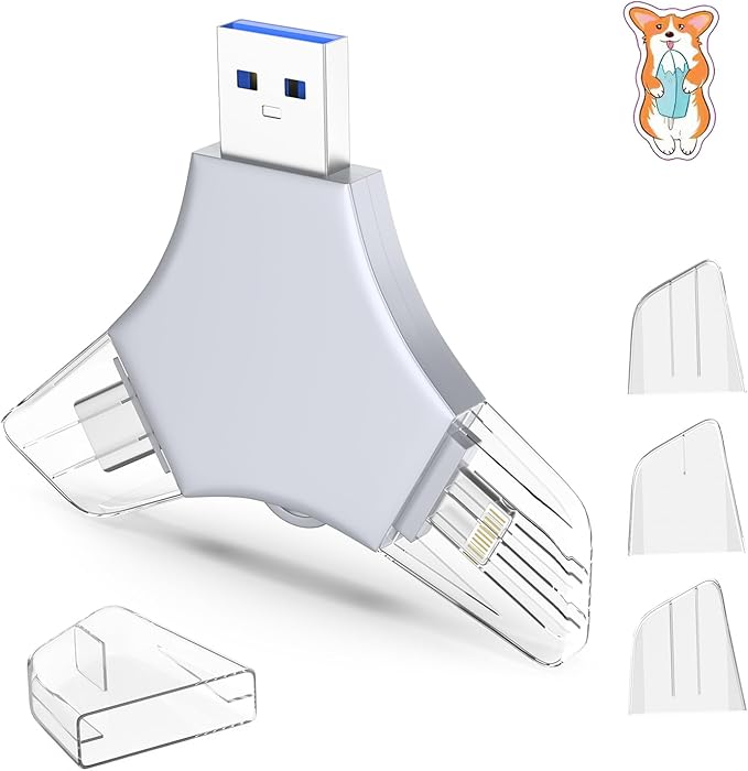 USB 3.0 Flash Drive 64gb for iPhone, 3in1 External Memory Picture Keeper Storage Stick for Photo/Video/Data Saver/Backup, V3.46 High Speed Thumb Drives for iPhone/iPad/Android/PC - Whisper-Gray