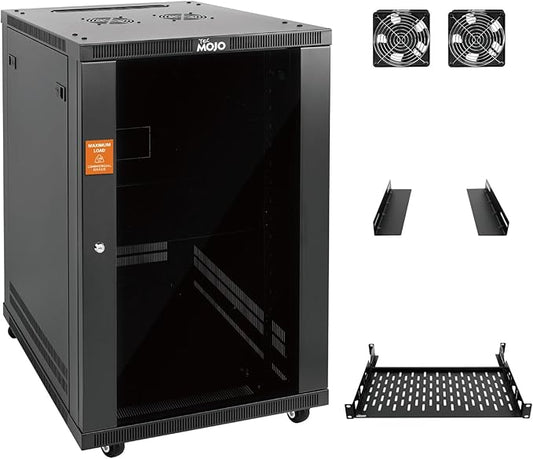 Tecmojo 18U Wall Mount Rack,18U Rack 17.7 Inch Depth,Hold Up to 176 Lbs,Movable Enclosed Rack Kit for 19 Inch Network,Server and AV Gear,Glass Door(Elite Collection)