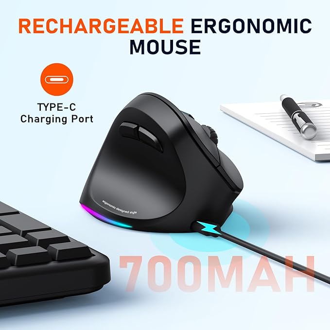 MEETION Left-Handed Mouse, Ergonomic Mouse Wireless Vertical Mouse, RGB Rechargeable Mice for Bluetooth(5.2 + 3.0) & USB-A with Type-c Adapter 4 Adjustable DPI for Mac/Windows/PC/Tablet/iPad Black