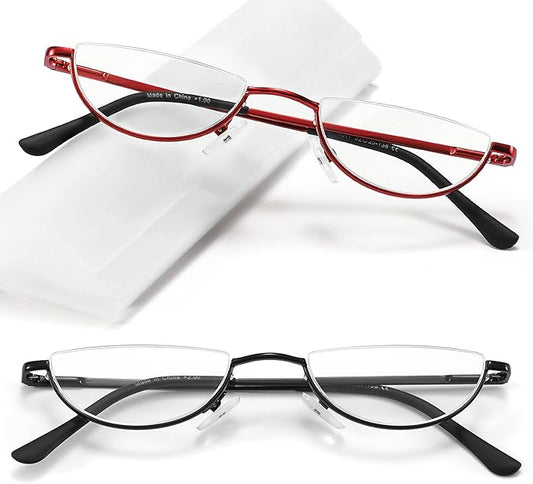 2 Pack Half Lens Reading Glasses Blue Light Blocking, Half Moon Frame Semi Rim Spring Hinge Readers with Case for Men Women Black/Red +1.25