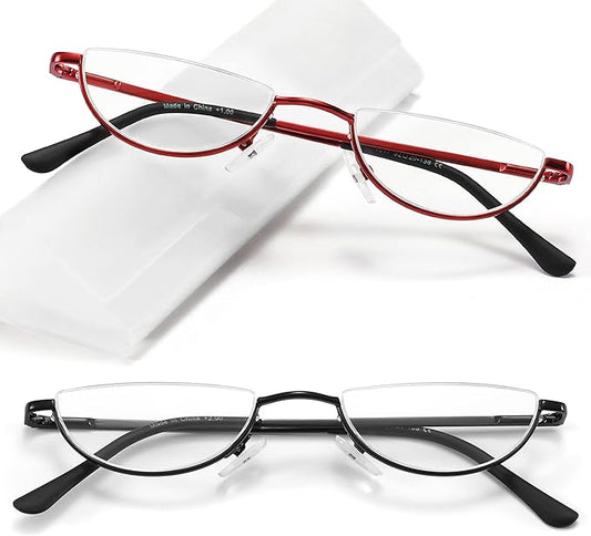 2 Pack Half Lens Reading Glasses Blue Light Blocking, Half Moon Frame Semi Rim Spring Hinge Readers with Case for Men Women Black/Red +2.0