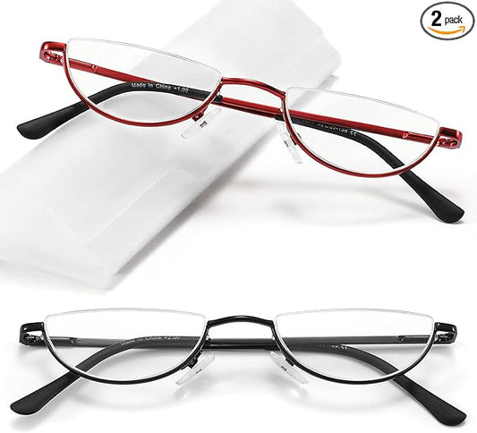 2 Pack Half Lens Reading Glasses Blue Light Blocking, Half Moon Frame Semi Rim Spring Hinge Readers with Case for Men Women Black/Red +3.0