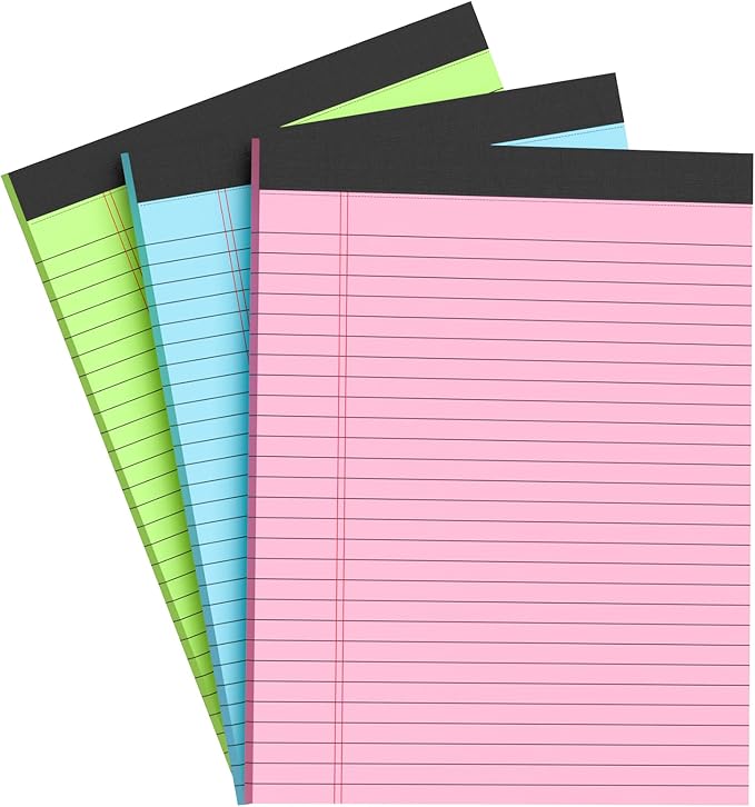 Colored Legal Pads 8.5 x 11 Note Pads 8.5x11 inch, Wide Ruled Clear Print Writing Pads 30 Sheets/Pad, 20lb Colored Paper, Perforated Notepad with Sturdy Back (3 Pads)