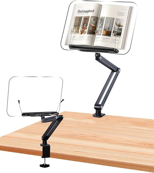 ASIEIT Book Stand with Clamp, Acrylic Desk Clamp Book Holder, 360° Cookbook Stand for Kitchen, Recipe Book Stand, Height and Angle Adjustable, Foldable and Portable for Office, Bible,Magazine,Laptops