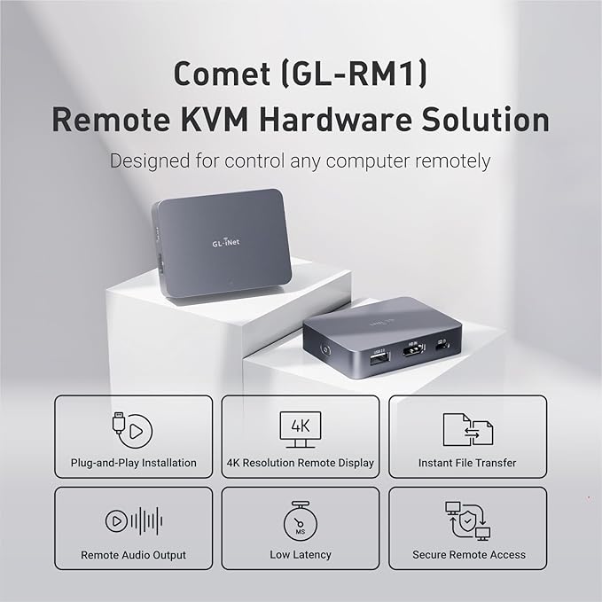 GL.iNet Comet (GL-RM1) Remote KVM Over Internet, 4K@30Hz Tailscale Support,Remote Keyboard, Video, Mouse, Install OS Via BIOS Control, Adapted KVM Switches for Home Offices,Data Center