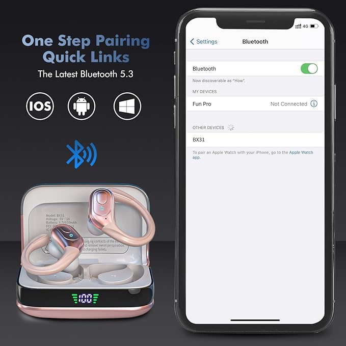 Wireless Earbuds Bluetooth 5.4 Headphones, Noise Canceling Ear Buds with 75hr Playtime, LED Power Display, IPX7 Waterproof Earphones Over-Ear Earphones for Sports/Workouts - Rose Gold