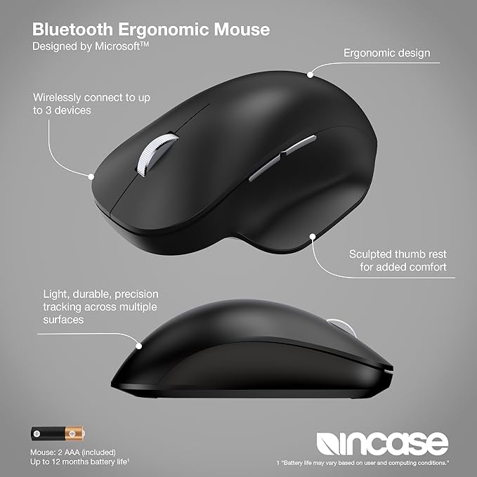 Incase Bluetooth Ergonomic Mouse – Designed by Microsoft – Two Thumb Buttons, Easy to Grip Thumb Rest, Precision Tracking, Connects 3 Devices, 15 Month Battery Life, Mac/Windows PCs/Laptops (Black)