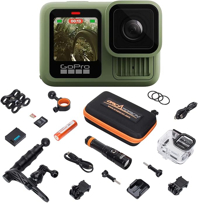 GoPro HERO13 Waterproof Action Camera Dive Kit with 5.3K60 UHD Video, 27MP HDR Photos - Bundle with Protective Housing, Video Light Pack, Camera Tray, Double Clip, 64GB microSD Card (Hero13 Green)