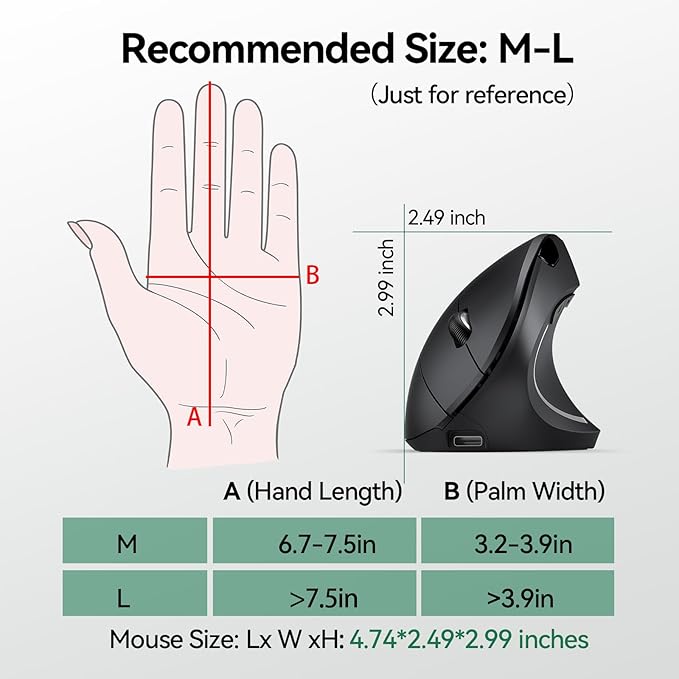 TECKNET Ergonomic Mouse, Rechargeable Vertical Ergo Mouse Wireless 800-4800 Levels 5 Adjustable DPI, Silent 2.4GHz Optical Carpal Tunnel Mouse for Right Hand, USB Wireless Mice for Laptop, PC