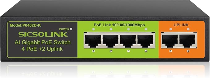 Gigabit 6 Ports PoE+ Switch (4 PoE+ Ports, 2 Uplink), 802.3af/at, 65W Total Power, 1000Mbps, Unmanaged, Fanless, Metal Case, Suitable for IP Cameras & Networking Devices