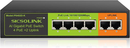 Gigabit 6 Ports PoE+ Switch (4 PoE+ Ports, 2 Uplink), 802.3af/at, 65W Total Power, 1000Mbps, Unmanaged, Fanless, Metal Case, Suitable for IP Cameras & Networking Devices