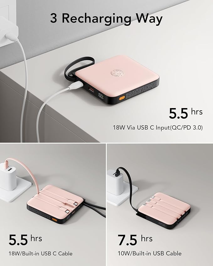 VRURC 20000mAh Power Bank Built-in Cables, Travel Essentials, Portable Charger 22.5W Fast Charging USB C Battery Pack, Phone Battery for iPhone 17 15 14 13 12 11 x Samsung Android Phone,Pink(1 Pack)
