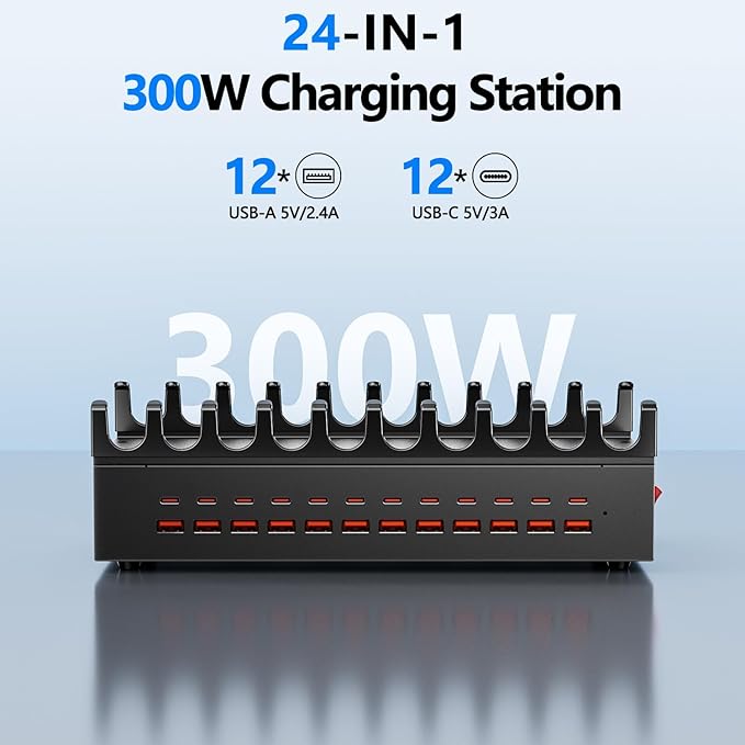 300W Charging Station with 24 Ports,USB Fast Charger for Multiple Devices,Multi Charger Station Organizer Compatible with Smart Power Delivery,Phone,Tablet,Charging Station for Home,Office,School