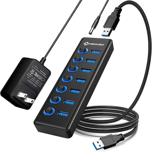 7-Port USB 3.2 Hub, Data USB Hub Splitter with Individual On/Off Switches and Lights, Compatible with Laptop, PC, MacBook, Mac Pro, Mac mini, iMac, Surface Pro and More