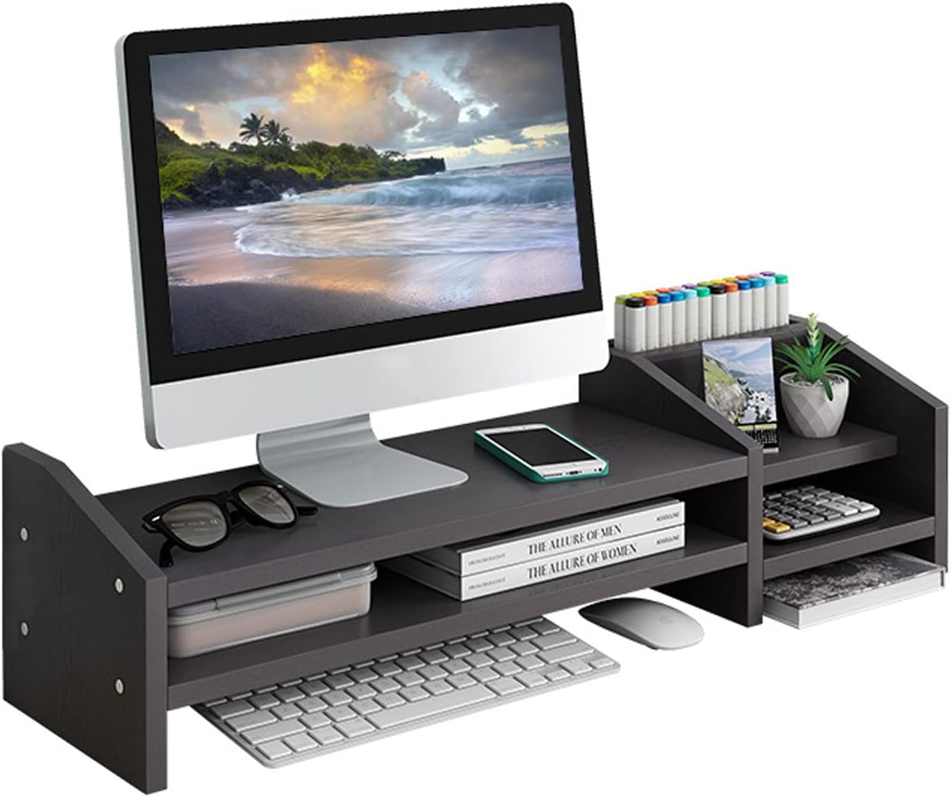 Computer Monitor Riser, 2 Tier Wooden Stand With Two Layer Storage Rack, Black Desktop Organizer for PC/Laptop, Home & Office