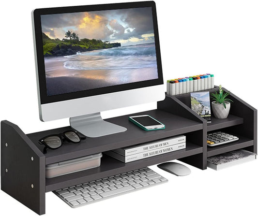 Computer Monitor Riser, 2 Tier Wooden Stand With Two Layer Storage Rack, Black Desktop Organizer for PC/Laptop, Home & Office