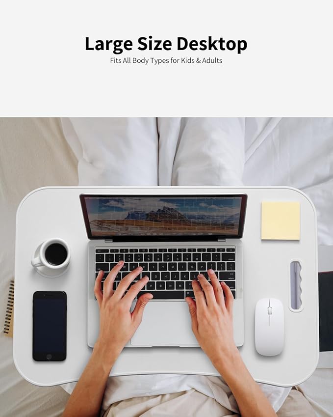 Foldable Lap Desk, Laptop Bed Desk, Portable Lap Table, Laptop Bed Table with Cup Holder & Tablet Slot & Lifting Handle for Working Writing Drawing & Eating - White