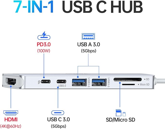 USB C Hub HDMI Adapter for MacBook Pro/Air, 7 in 1 USBC Dongle with HDMI, SD/TF Card Reader, USB C Data Port,100W PD, and 2 USB 3.0 Compatible for MacBook Pro/Air, Dell XPS, Lenovo Thinkpad.