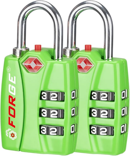 Forge TSA Luggage Combination Lock - Open Alert Indicator, Easy Read Dials, Alloy Body- Ideal for Travel, Lockers, Bags (Green 2Pk)