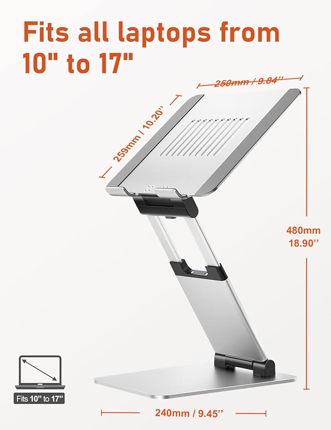 Ergonomic Laptop Stand for Desk, Sit to Stand Laptop Riser, Adjustable Height up to 21", Standing Computer Stand, Promote Healthy Posture Compatible with MacBook Air Pro, All Laptops 10-17"-Silver