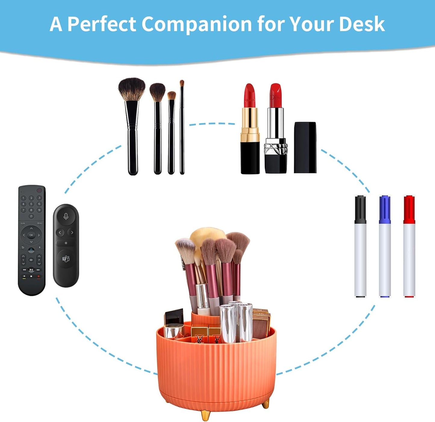 Marbrasse Desk Organizer, 360-Degree Rotating Pen Holder, Desk Organizers and Accessories with 5 Compartments Pencil Holder, Art Supply Storage Box Caddy for Office, Home（Orange）