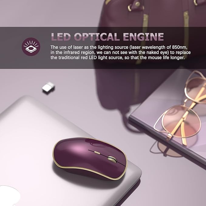 JOYACCESS J Wireless Mouse for Laptop, 2.4G Slim Wireless Silent Mouse, Portable Wireless Computer Mouse, 3200 DPI, USB Wireless Mouse for Desktop, Notebook, Chromebook, PC (Wine Red)