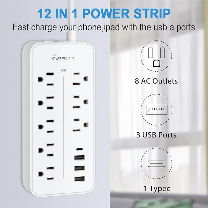 10FT Surge Protector Extension Cord with USB C, Flat Plug Power Strip - 8 Outlets & 3 USB Ports (A x 2, C x 1), Wall Mount Desk Power Strip - White, ETL Listed