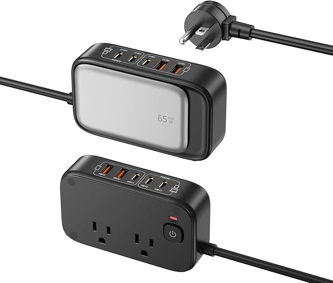 USB C Charging Station 190W,Surge Protection Power Strip Max 65W, 6FT Flat Extension Cord Desktop USB Charging Hub for Multiple Devices (Pearl Black, 65w)