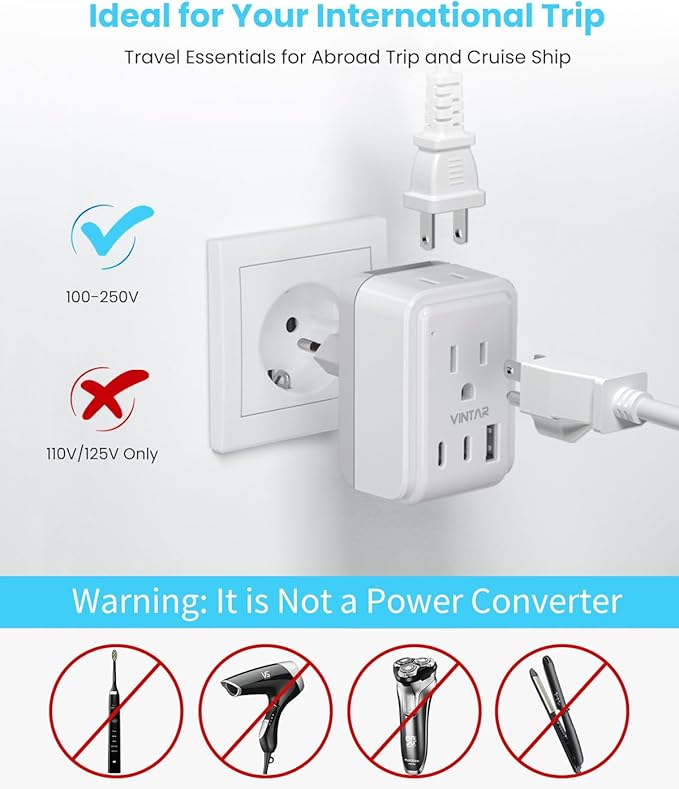 Universal Travel Adapter Kit, VINTAR International Plug Adapter with 3 USB Ports(2 USB C, 3.4A) and 2 American Outlets, Type A,C,G,D,I,M Detachable Attachments, Adapter for US/EU/UK/India/AUS/Africa