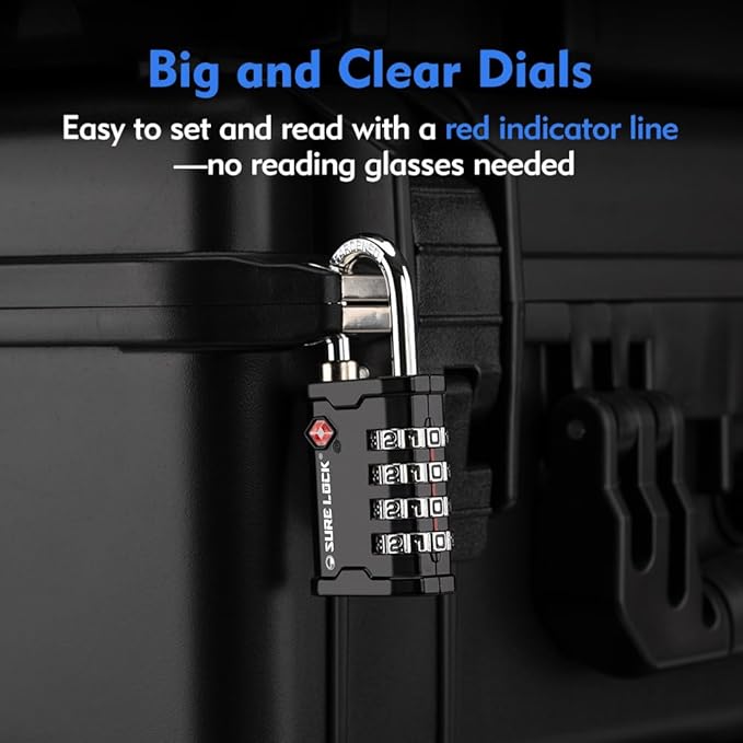 SURE LOCK TSA Accepted Heavy Duty Big Combination Luggage Padlock for Gun Cases, Transporting Equipment Cases in Trade Show, Music and Medical Industries (2, Black)