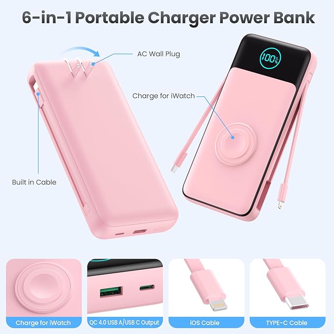 Portable Charger 26800mah for iPhone with Built-in Cables & AC Wall Plug,6-in-1 USB C Power Bank with iWatch Charger,25W PD Fast Charging Battery Pack for iPhone 16/15/14/13/12,Android,Apple Watch etc