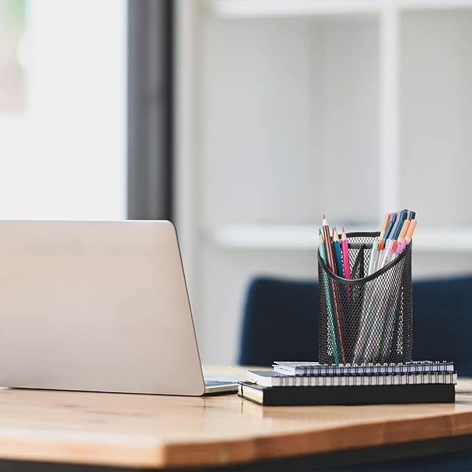 2 Pack Mesh Pencil Holder Pen Cup for Desk Round Black Pen Holder Desktop Pen Organizer 3 Compartments Pencil Organizer Desk Organizer for Office Home School