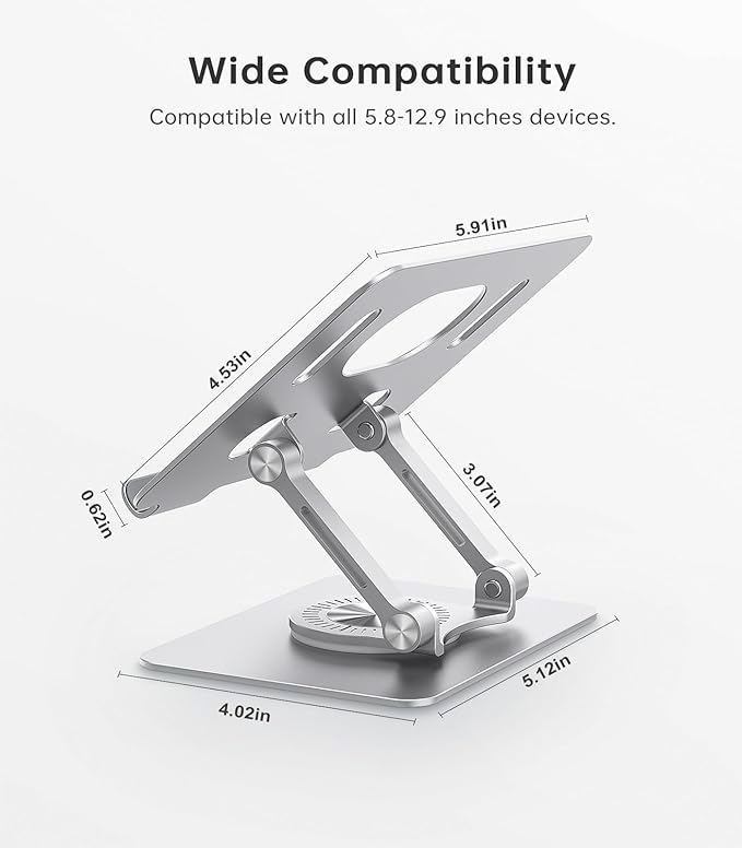 Tablet Stand Adjustable with 360° Swivel Base Aluminum Tablet Stand Holder for iPad/Samsung/iPad Pro Air Mini/Galaxy/Switch, Sliver