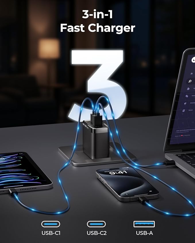 MUNBYN NexGo™ 100W GaN III 3-Port USB C Fast Charger Block with Compact Foldable Design, Fast Charging for MacBook Pro, iPhone 17/16/15Series, iPad, Galaxy S25/S24 and More,(3.3 Ft Cable Included)