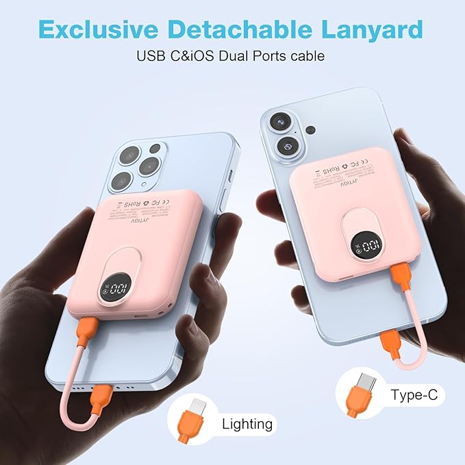 Small Magnetic Power Bank,5000mAh Mag-Safe Battery Pack with 20W Fast Charging Detachable USB C&iOS Cable,with LED Display,Slim Wireless Portable Charger for iPhone16/15/14/13/12 Series (Pink)