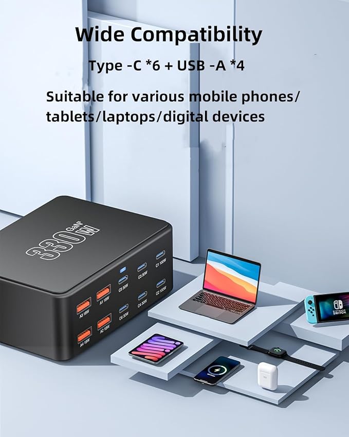 USB C Charging Station 330W, USB C Charger Charging Hub 10 Power Port for Multiple Devices with PD 100W 65W 30W QC3.0 18W Fast Charging Power Stock Station for iPhone 15, iPad Air/Pro, Galaxy